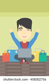 An asian young man with hands up using laptop for shopping online. Customer sitting with shopping bags around him. Man doing online shopping. Vector flat design illustration. Vertical layout.