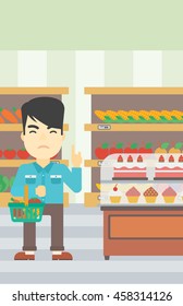 An asian young man holding basket full of healthy food and refusing junk food. Man rejecting junk food in supermarket. Man choosing healthy food. Vector flat design illustration. Vertical layout.