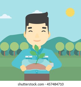 An asian young man holding in hands plastic bottle with plant growing inside. Man holding plastic bottle used as plant pot. Recycling concept. Vector flat design illustration. Square layout.