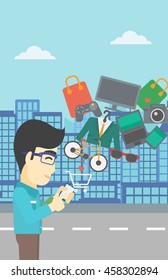 An asian young man holding a smartphone with shopping cart and application icons flying out on a city background. Vector flat design illustration. Vertical layout.