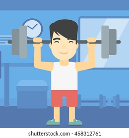 An asian young man lifting a heavy weight barbell. Strong sportsman doing exercise with barbell in the gym. Male weightlifter holding a barbell. Vector flat design illustration. Square layout.