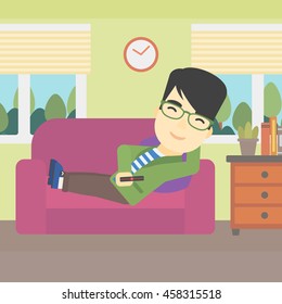 An asian young man lying on a sofa and watching tv with a remote control in his hand. Vector flat design illustration. Square layout.