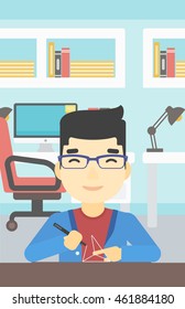 Un joven asiático haciendo un modelo con un bolígrafo 3D. Forma geométrica del dibujo del hombre por pluma 3d. Hombre trabajando con un bolígrafo 3d. Ilustración de diseño plana vectorial. Diseño vertical.