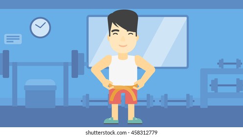 An asian young man measuring his waistline with a tape in the gym. Man measuring with tape the abdomen. Man with centimeter on a waist. Vector flat design illustration. Horizontal layout