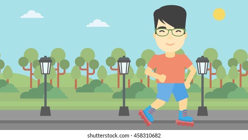 An asian young man on roller-skates in the park. Full length of sportsman in protective sportwear on rollers skating outdoors. Vector flat design illustration. Horizontal layout