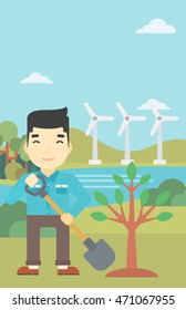 An asian young man plants a tree. Man standing with shovel near newly planted tree. Man planting tree on a background of wind turbines. Vector flat design illustration. Vertical layout.