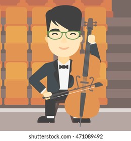 An asian young man playing cello. Cellist playing classical music on cello. Young man with cello and bow on the background of empty theater seats. Vector flat design illustration. Square layout.