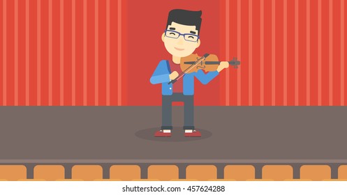 An asian young man playing violin. Violinist playing classical music on violin. Man with violin standing on the stage. Vector flat design illustration. Horizontal layout.