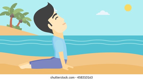 An asian young man practicing yoga upward dog pose. Man meditating in yoga upward dog position on the beach. Man doing yoga on nature. Vector flat design illustration. Horizontal layout