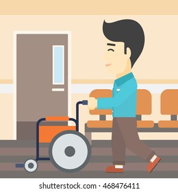 An asian young man pushing empty wheelchair on the background of hospital corridor. Vector flat design illustration. Square layout.