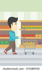 An asian young man pushing empty supermarket cart. Customer shopping at supermarket with cart. Man walking with trolley on aisle at supermarket. Vector flat design illustration. Vertical layout.