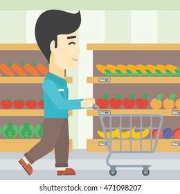 An asian young man pushing empty supermarket cart. Customer shopping at supermarket with cart. Man walking with trolley on aisle at supermarket. Vector flat design illustration. Square layout.