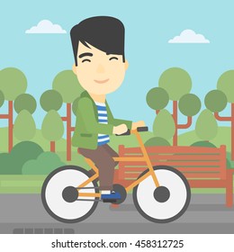 An asian young man riding a bicycle in the park. Cyclist riding bike on forest road. Man on a bike outdoors. Healthy lifestyle concept. Vector flat design illustration. Square layout.