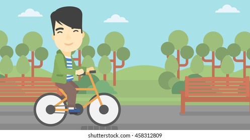 An asian young man riding a bicycle in the park. Cyclist riding bike on forest road. Man on a bike outdoors. Healthy lifestyle concept. Vector flat design illustration. Horizontal layout