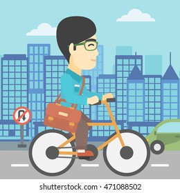An asian young man riding a bicycle. Cyclist riding bike on city background. Businessman with briefcase on a bike. Healthy lifestyle concept. Vector flat design illustration. Square layout.