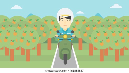An asian young man riding a scooter on the asphalt road through the orchard. Young man in helmet driving a scooter. Vector flat design illustration. Horizontal  layout..