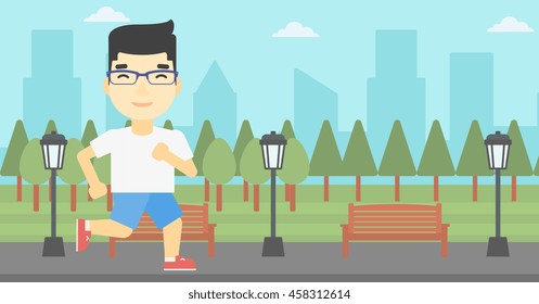 An asian young man running. Male runner jogging outdoors. Sportsman running in the park. Running man on forest road. Vector flat design illustration. Horizontal layout