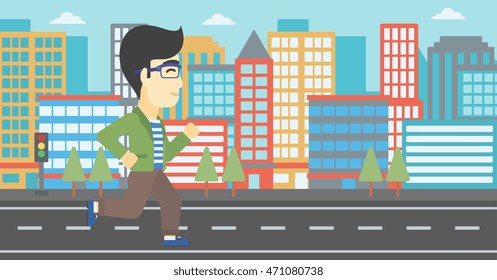 An asian young man running. Male runner jogging. Full length of a male athlete running. Sportsman running on a city background. Vector flat design illustration. Horizontal layout