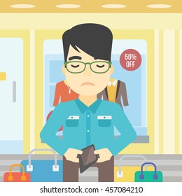Un joven asiático mostrando su cartera al fondo de la vitrina de una tienda. Concepto de quiebra. Ilustración de diseño plana vectorial. Diseño cuadrado.
