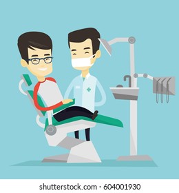 Asian young man sitting in dental chair while dentist standing nearby. Doctor and patient in the dental clinic. Patient on reception at the dentist. Vector flat design illustration. Square layout.