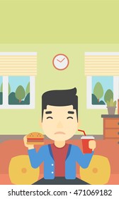 An asian young man sitting on a sofa while eating hamburger and drinking soda on the background of living room. Vector flat design illustration. Vertical layout.