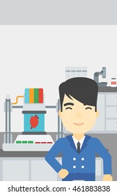 An asian young man standing near 3D printer making a heart on the background of laboratory. Man working with 3D printer. Vector flat design illustration. Vertical layout.