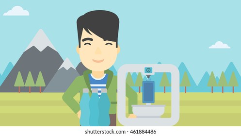 An asian young man standing near 3D printer on the background of mountains. Three D printer making a smartphone using recycled plastic bottles. Vector flat design illustration. Horizontal layout.