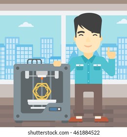 An asian young man standing near three D printer and pointing forefinger up. Engineer using 3D printer. Man working with 3D printer. Vector flat design illustration. Square layout.
