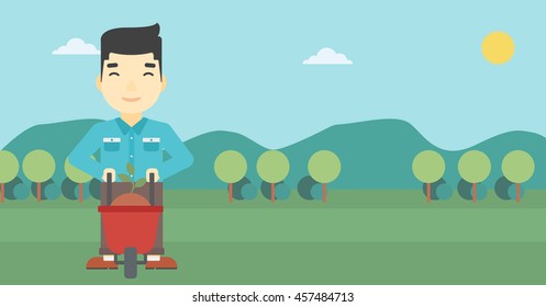 An asian young man standing with a plant and soil in a wheelbarrow on the background of mountain landscape. Vector flat design illustration. Horizontal layout.