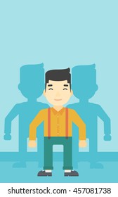Un joven asiático parado con algunas sombras detrás de él. Candidato a un puesto destacado por la multitud. Concepto de contratación de personal. Ilustración de diseño plana vectorial. Diseño vertical.