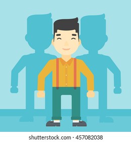 An asian young man standing with some shadows behind him. Candidat for a position stand out from crowd. Concept of staff recruitment. Vector flat design illustration. Square layout.