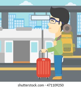 An asian young man standing at the train station on the background of train with open doors. Young man with suitcase waiting for a train. Vector flat design illustration. Square layout.