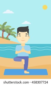 An asian young man standing in yoga tree pose. Man meditating in yoga tree position on beach. Man doing yoga on nature. Vector flat design illustration. Vertical layout.