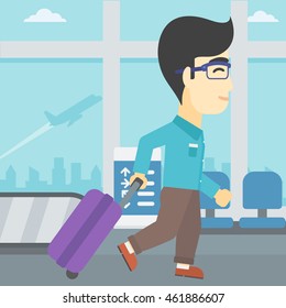 An asian young man with a suitcase walking at the airport. Vector flat design illustration. Square layout.