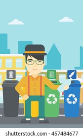 Un joven asiático tirando botellas de plástico. Hombre parado cerca de cuatro papeleras en la ciudad y tirando botellas de plástico en una papelera apropiada. Ilustración de diseño plana vectorial. Diseño vertical.