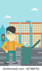An asian young man throwing away a garbage in a green trash in the city. Man throwing away trash. Eco-friendly man throwing trash. Vector flat design illustration. Vertical layout.