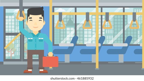 An asian young man traveling by public transport. Man traveling by passenger bus or subway. Vector flat design illustration. Horizontal  layout.