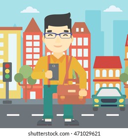 An asian young man using a smartphone. Businessman with briefcase working with smartphone on a city background. Vector flat design illustration. Square layout.