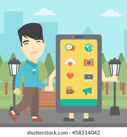Un joven asiático caminando con un gran smartphone. Hombre y un gran smartphone en el parque. Hombre con la mano del smartphone. adicción al Smartphone. Ilustración de diseño plana vectorial. Diseño cuadrado.