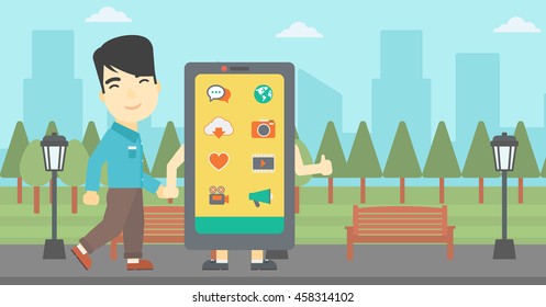 Ein asiatischer junger Mann, der mit einem großen Smartphone spaziert. Mann und großes Smartphone im Park. Mann, der die Hand des Smartphones hält. Smartphone-Sucht. Vektorflache Design-Illustration. Horizontales Layout
