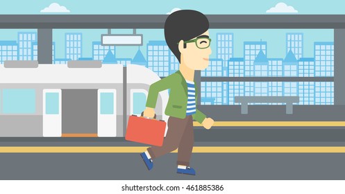 Un joven asiático caminando en la plataforma del tren al fondo del tren con puertas abiertas. Ilustración de diseño plana vectorial. Diseño horizontal.
