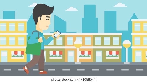 An asian young man walking with smartphone and handbag. Man using smartphone in the city street. Smartphone addiction. Vector flat design illustration. Horizontal layout