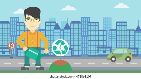 An asian young man watering a tree with a recycle sign instead of crown on a city backround. Eco-friendly man takes care of the environment. Vector flat design illustration. Horizontal layout.