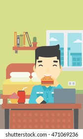 An asian young man working on laptop while eating junk food on the background of bedroom. Vector flat design illustration. Vertical layout.