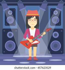 An asian young musician playing electric guitar on the stage of nightclub. Woman practicing in playing guitar. Guitarist playing music. Vector flat design illustration. Square layout.