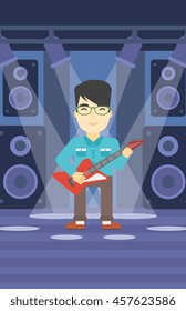 An asian young musician playing electric guitar on the stage of nightclub. Man practicing in playing guitar. Guitarist playing music. Vector flat design illustration. Vertical layout.