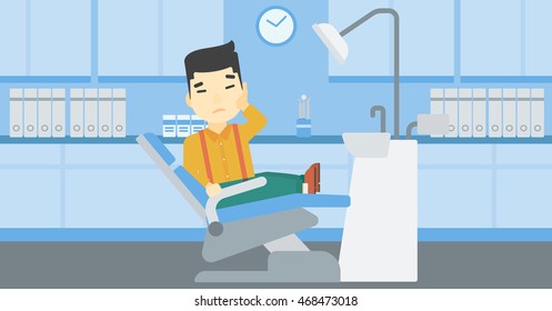 An asian young patient sitting in dental chair at dentist office. Sad man suffering from tooth pain. Man having a toothache. Vector flat design illustration. Horizontal layout.