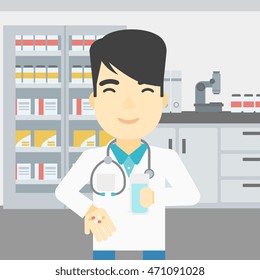 An asian young pharmacist in medical gown holding in hands a glass of water and pills. Pharmacist standing in the laboratory. Pharmacist giving pills. Vector flat design illustration. Square layout.