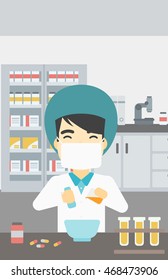 An asian young pharmacist using mortar and pestle for preparing medicine in the laboratory. Pharmacist mixing medicine at the hospital pharmacy. Vector flat design illustration. Vertical layout.