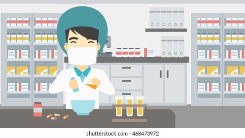 An asian young pharmacist using mortar and pestle for preparing medicine in the laboratory. Pharmacist mixing medicine at the hospital pharmacy. Vector flat design illustration. Horizontal layout.